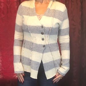 SWEATER - Free People periwinkle blue and white striped wool/angora+ cardigan. L